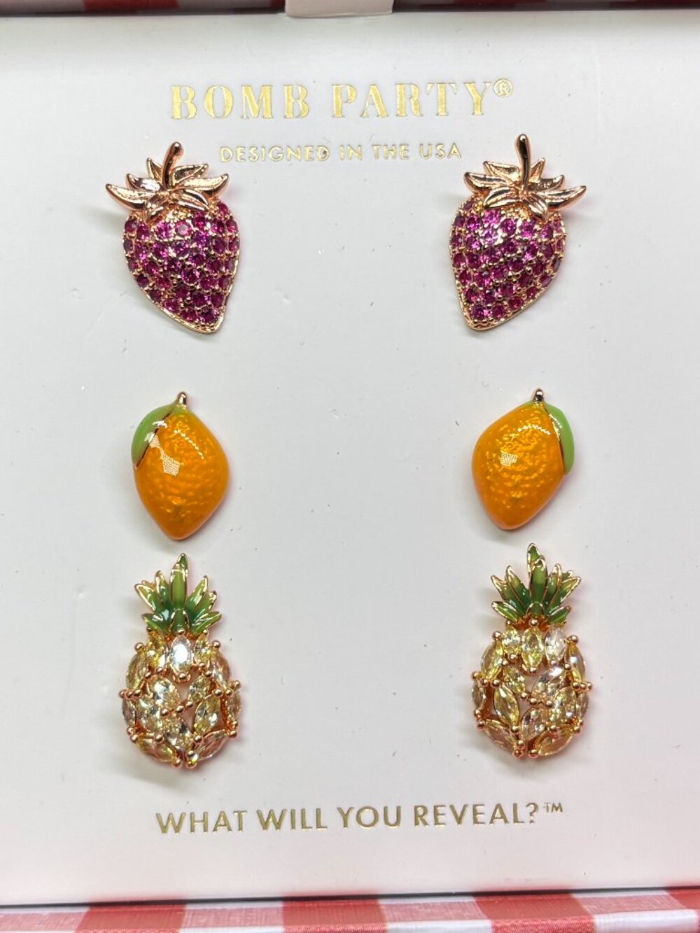 Bomb Party "The Strawberry Trio" Market Fresh 3 Earring Sets RBP6398 MSRP $118